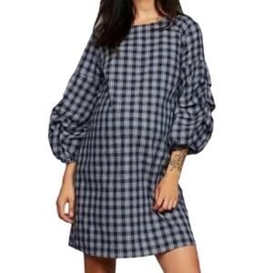 J.O.A. Just One Answer XS NWT Navy Plaid 3/4 Gathered Sleeve Cotton Mini Dress